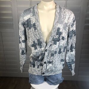 Vtg 90s Men's Michael Gerald Cardigan Acrylic Sweater M Gray White Blue Grandpa